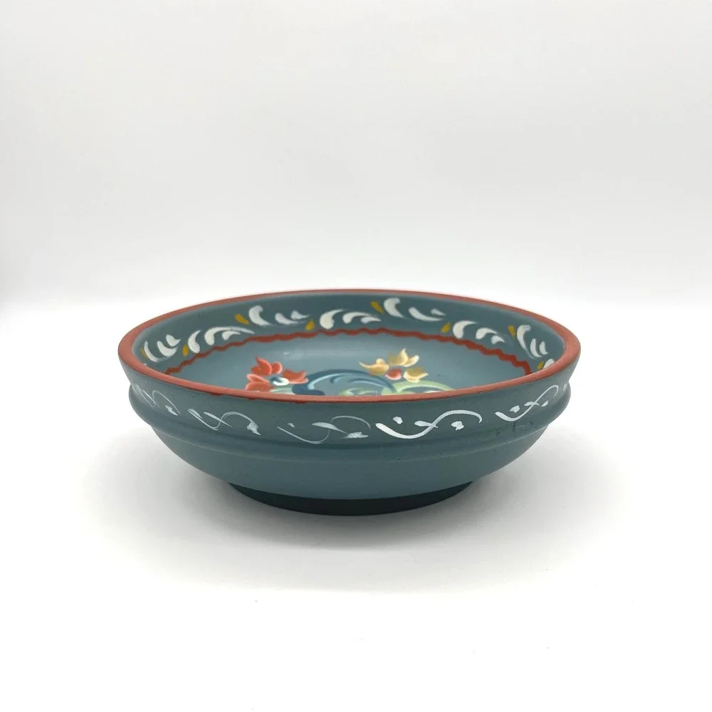 Vintage Rosemaling Hand Painted Wooden Bowl Teal Blue Scandinavian‎ Folk Art 8in